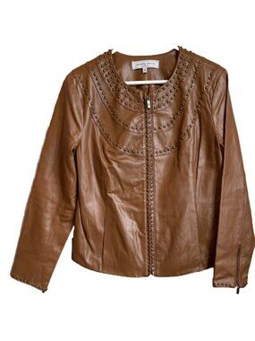 Pamela McCoy Women Brown Leather Jacket Zip Front Embroidered Detail Moto Style